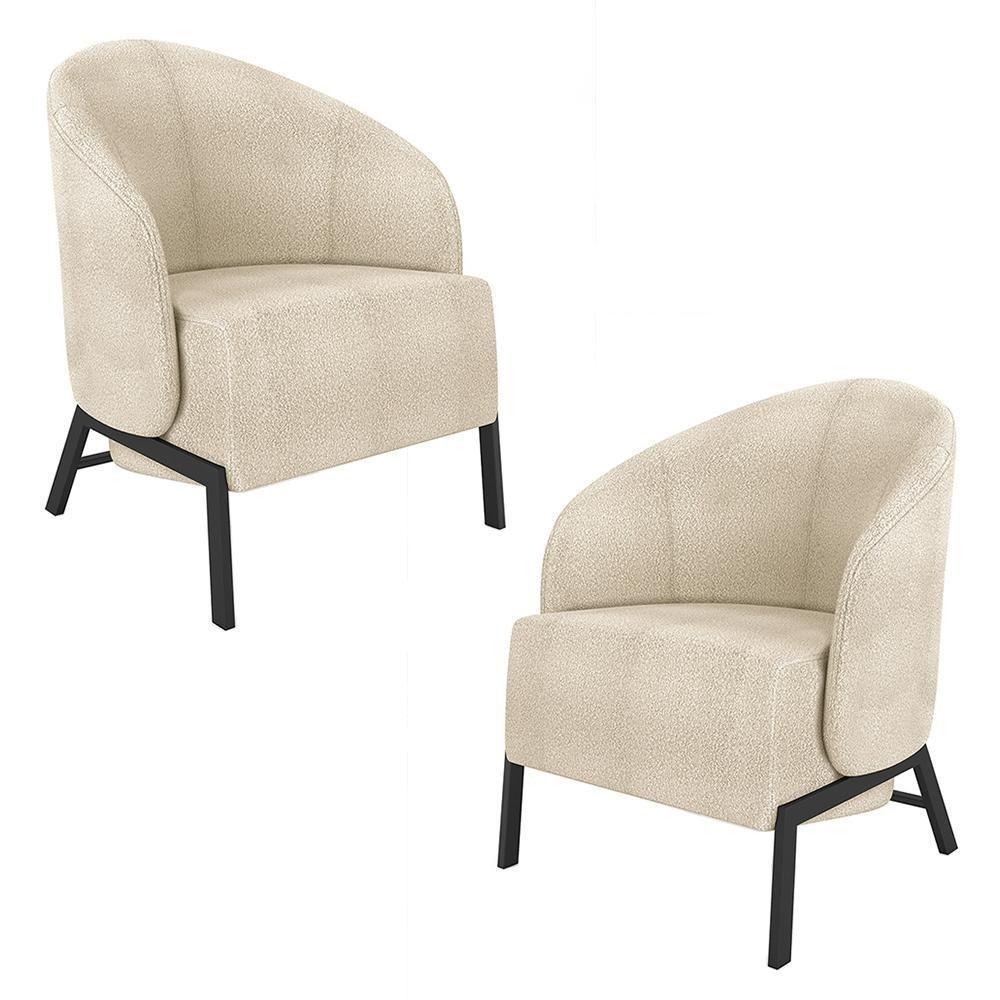 Kit 2 Poltronas Decorativa Sala De Estar Kenya Pés Em Ferro Bouclê Preto/bege G33 - Gran Belo - 1
