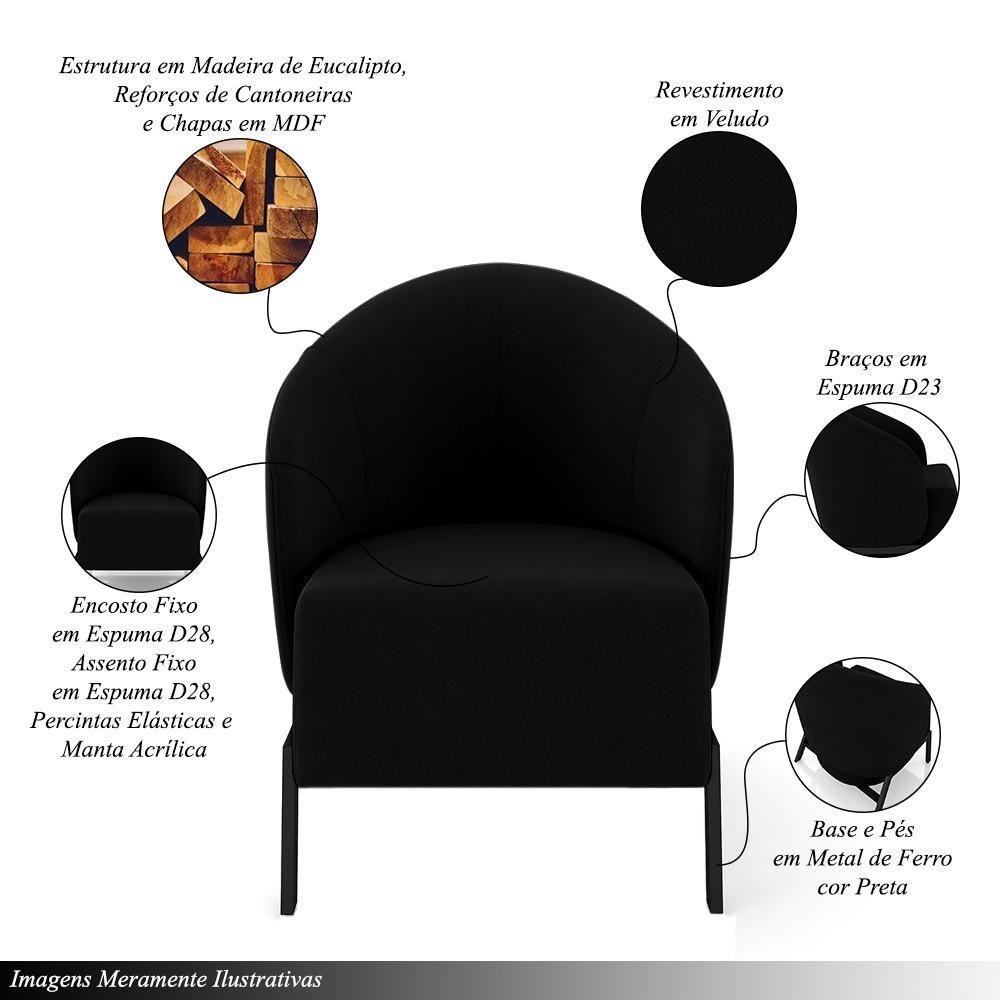 Kit 2 Poltronas Decorativa Sala De Estar Kenya Pés Em Ferro Veludo Preto G33 - Gran Belo - 6