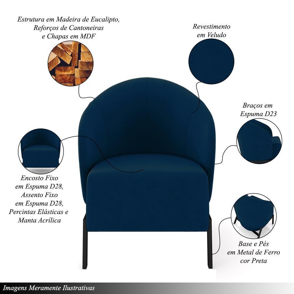 Kit 2 Poltronas Decorativa Sala De Estar Kenya Pés Em Ferro Veludo Preto/azul G33 - Gran Belo - 6