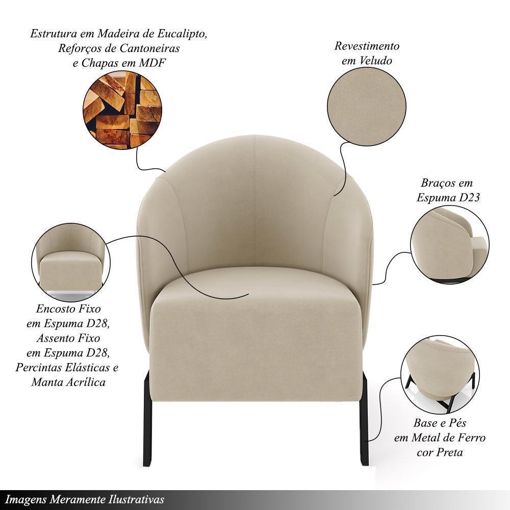 Kit 2 Poltronas Decorativa Sala De Estar Kenya Pés Em Ferro Veludo Preto/bege G33 - Gran Belo - 6