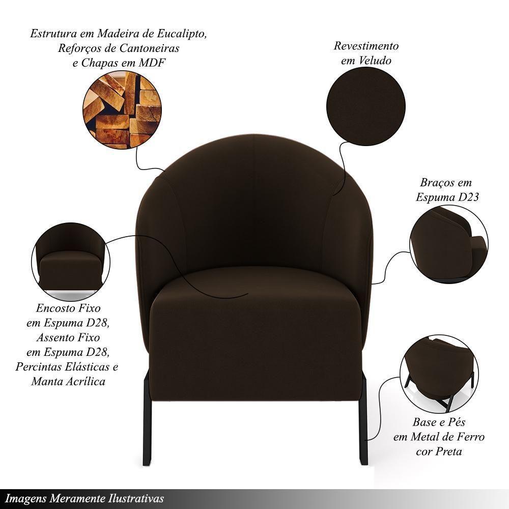 Kit 2 Poltronas Decorativa Sala De Estar Kenya Pés Em Ferro Veludo Preto/marrom G33 - Gran Belo - 6