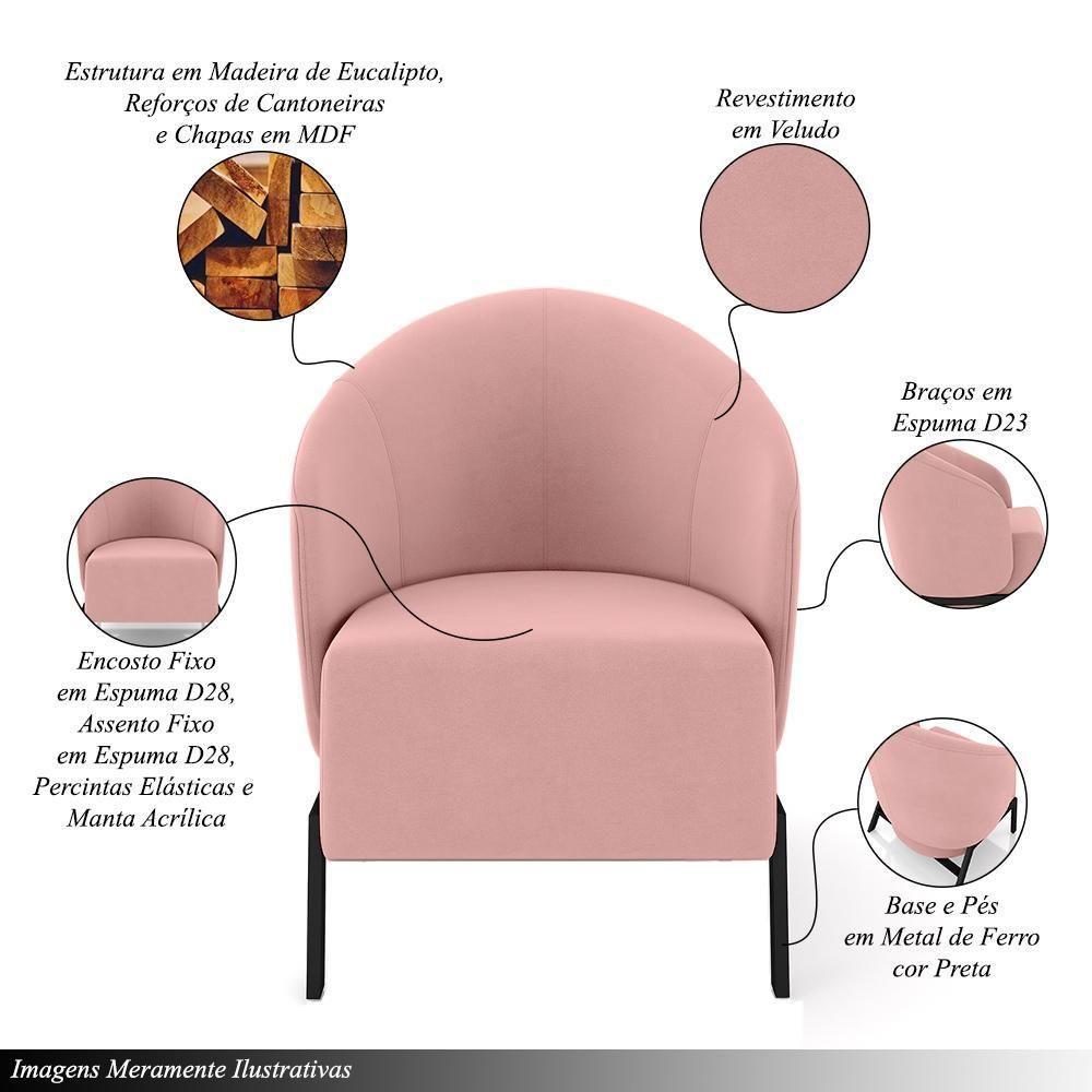 Kit 2 Poltronas Decorativa Sala De Estar Kenya Pés Em Ferro Veludo Preto/rosê G33 - Gran Belo - 6