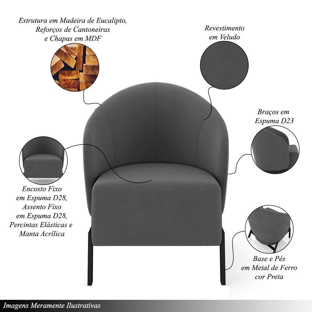Kit 2 Poltronas Decorativa Sala De Estar Kenya Pés Em Ferro Veludo Preto/grafite G33 - Gran Belo - 6