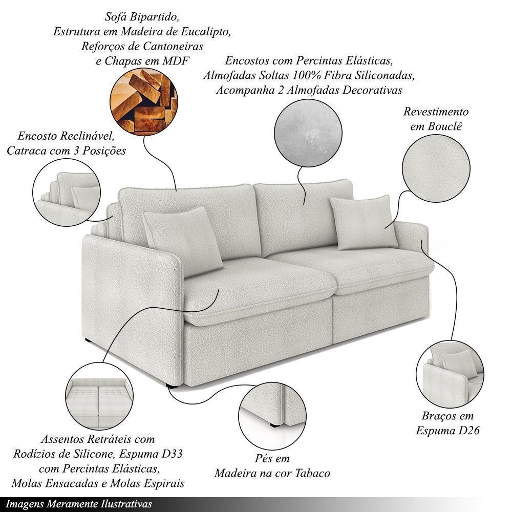 Sofá Reclinável E Retrátil Gandalf Bipartido 234cm Caixa Zero Com Almofadas Bouclê Cinza G33 - Gran - 6