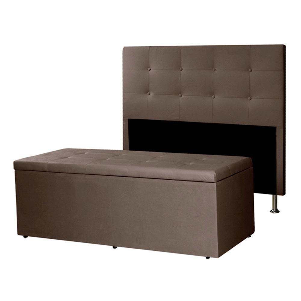 Kit Cabeceira E Calçadeira Baú Casal Queen 1,60m Berlim Suede Marrom Dal Poz Estofados - 1