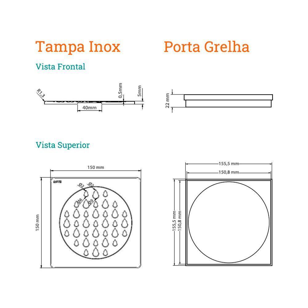 Grelha Para Ralo Linear Novii Quadrada 5204 15x15 Aço Inox Inox 5204 - 2