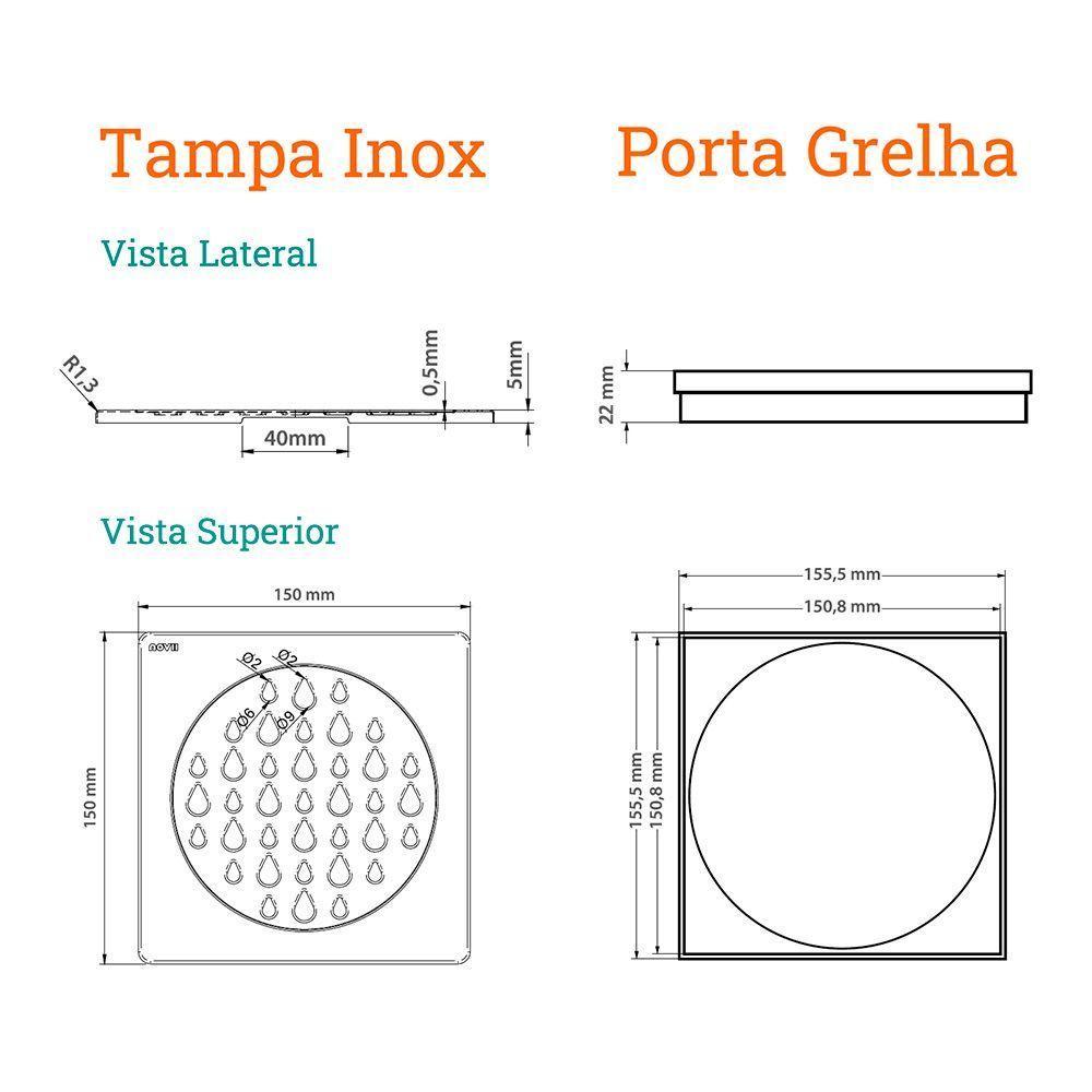 Grelha Para Ralo Linear Novii Quadrada 5206 15x15 Aço Inox - 2