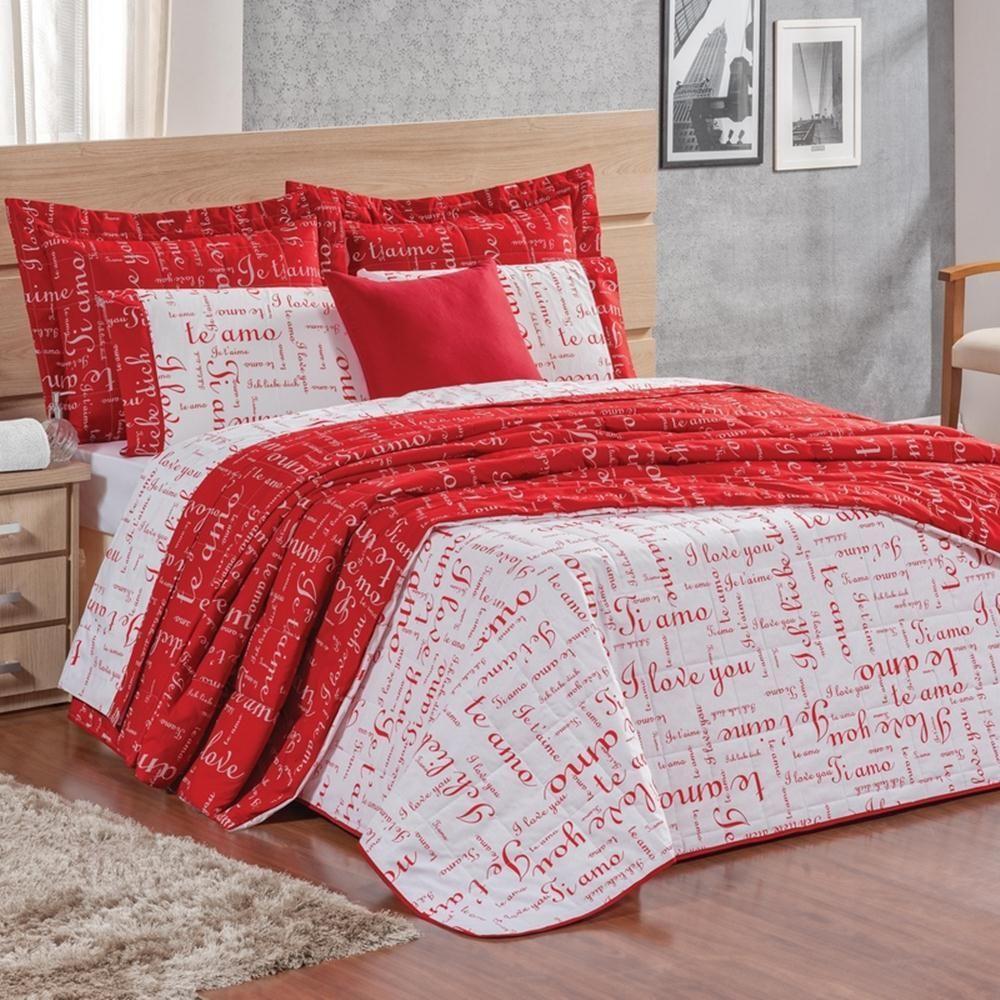 Cobre Leito Queen Te Amo Dupla Face 150 Fios Algodão 3 Peças - Vermelho/branco - 1