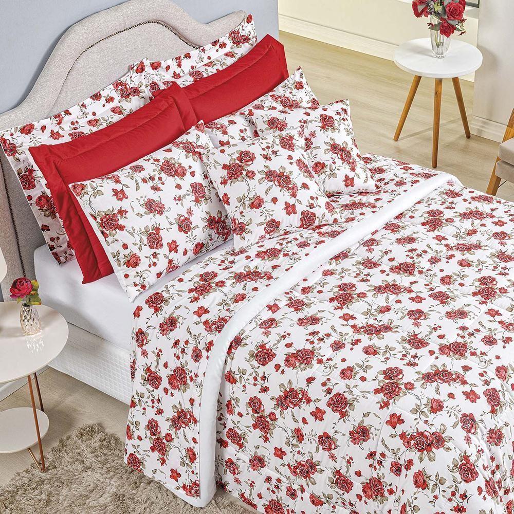 Edredom Queen Craft Percal 200 Fios 100% Algodão 5 Peças - Rosas Vermelha - 1