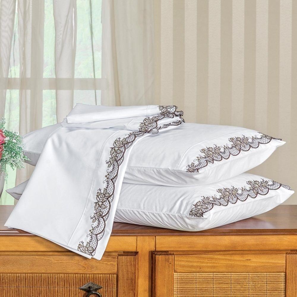 Jogo De Lençol Queen Mondrean Bordado 100% Algodão 4 Peças - Branco - 1