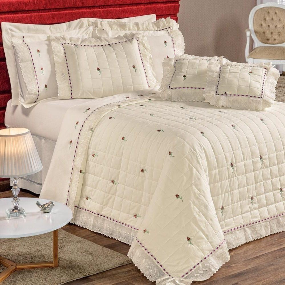 Kit Cobre Leito Queen Felicitá Percal 200 Fios Bordado 100% Algodão 9 Peças - Marfim - 2