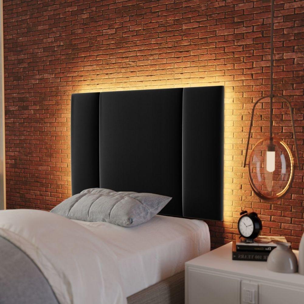 Cabeceira Estofada Cama Box Solteiro Com Led Splend 90 Cm Veludo Preto - 2