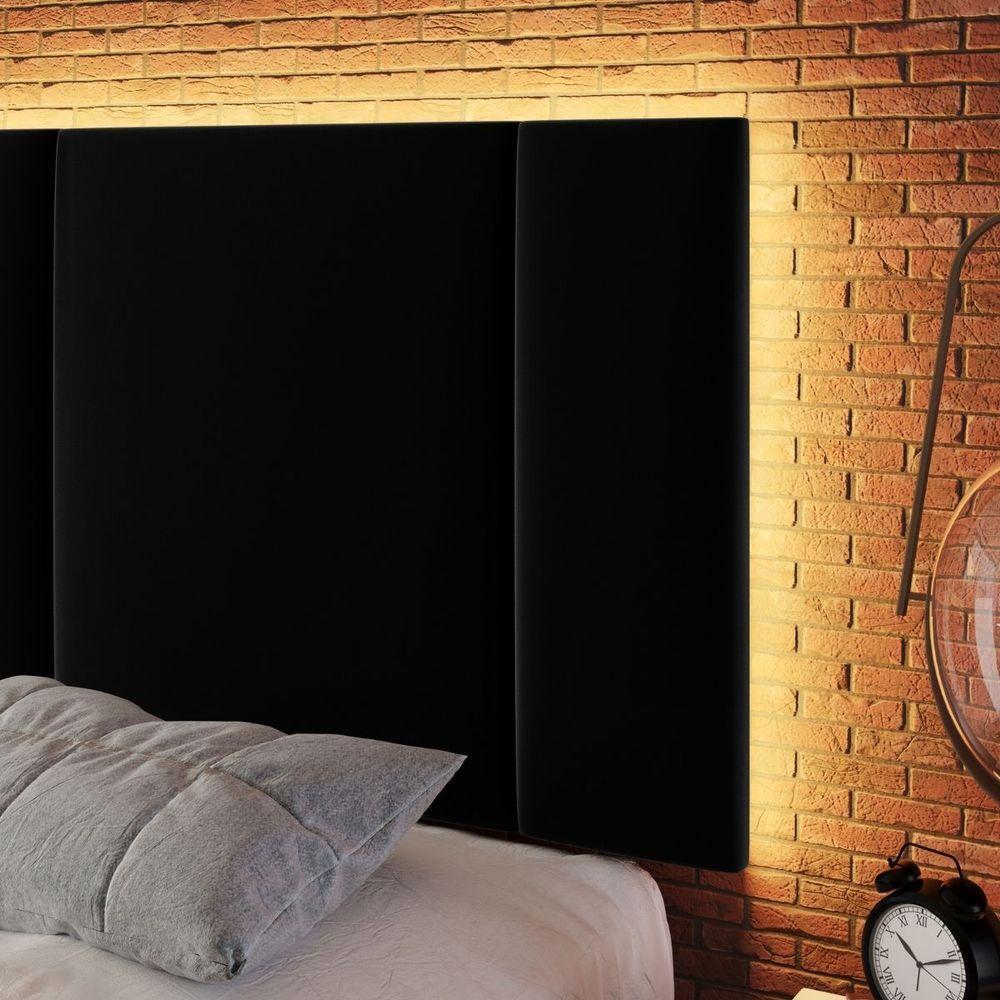 Cabeceira Estofada Cama Box Solteiro Com Led Splend 90 Cm Veludo Preto - 4