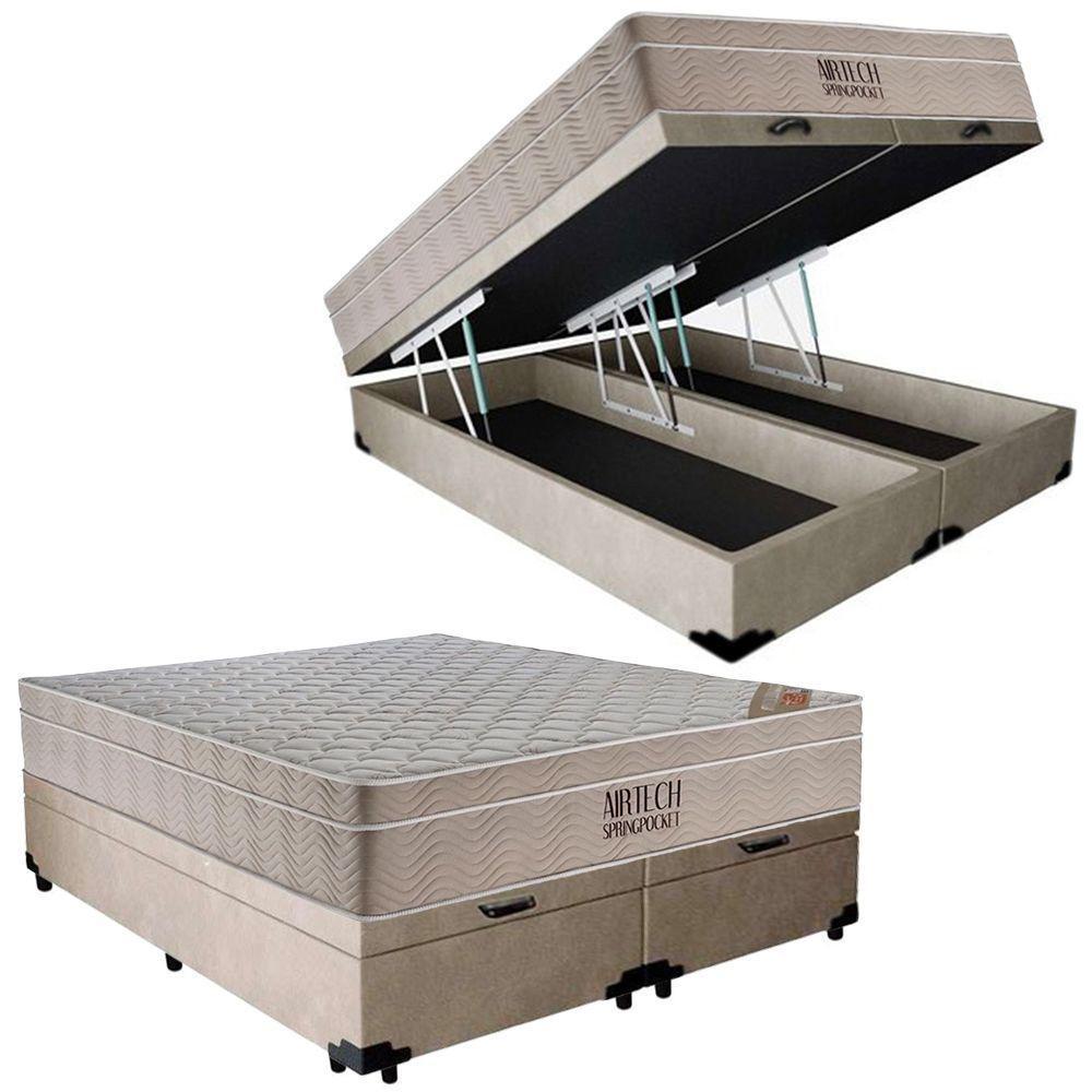 Cama Box Baú Casal Suede Bipartido + Colchão Ortobom Airtech Molas Ensacadas 65x138x188 bege - 1