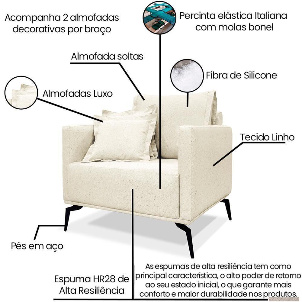 Poltrona Sala De Estar Liv 1 Lugar Pes Aço Linho Natural Ezz Natural - 8