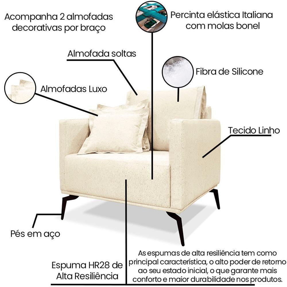 Poltrona Sala De Estar Liv 1 Lugar Pes Aço Linho Perola Ezz Perola - 8