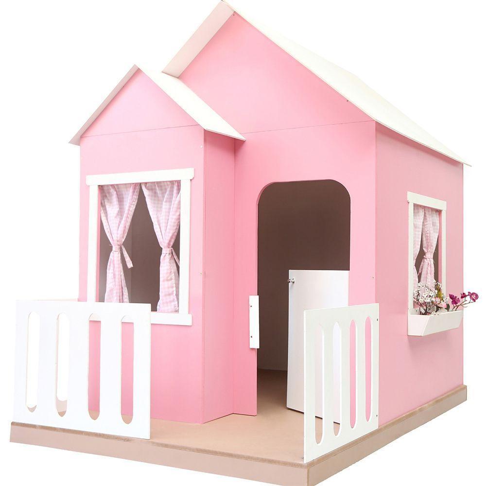 Casinha De Brinquedo Artesanal Janela Lateral Versátil Com Cortinas Mdf Rosa/branco L12 - Criança Feliz - 2