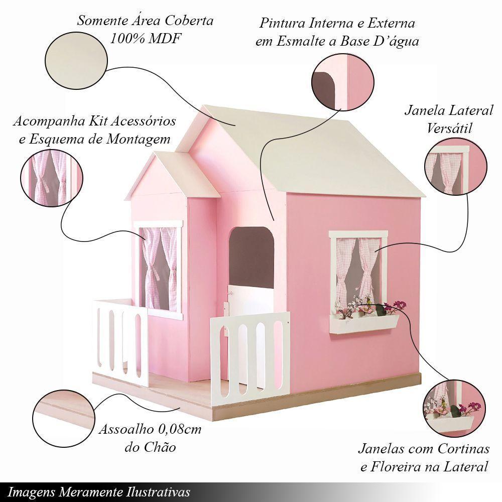 Casinha De Brinquedo Artesanal Janela Lateral Versátil Com Cortinas Mdf Rosa/branco L12 - Criança Feliz - 6