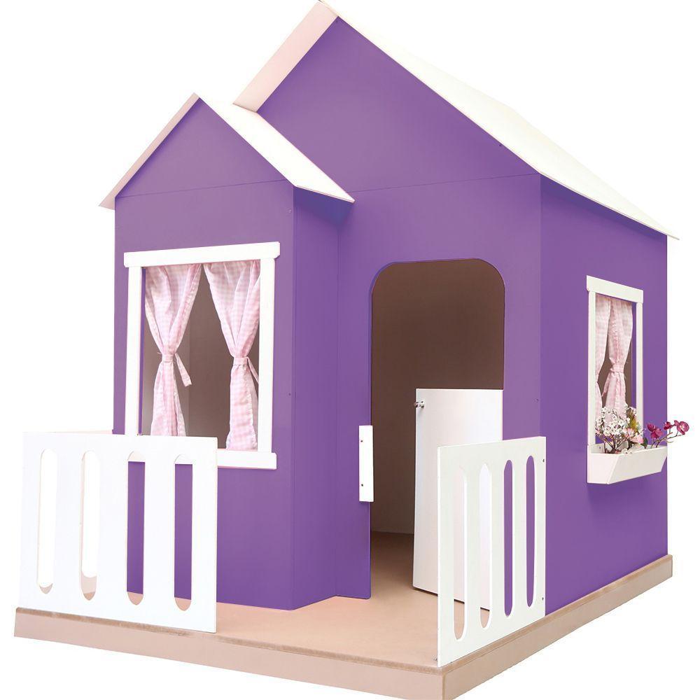 Casinha De Brinquedo Artesanal Janela Lateral Versátil Com Cortinas Mdf Roxo/branco L12 - Criança Feliz - 2