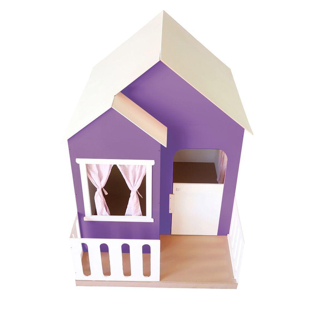 Casinha De Brinquedo Artesanal Janela Lateral Versátil Com Cortinas Mdf Roxo/branco L12 - Criança Feliz - 5