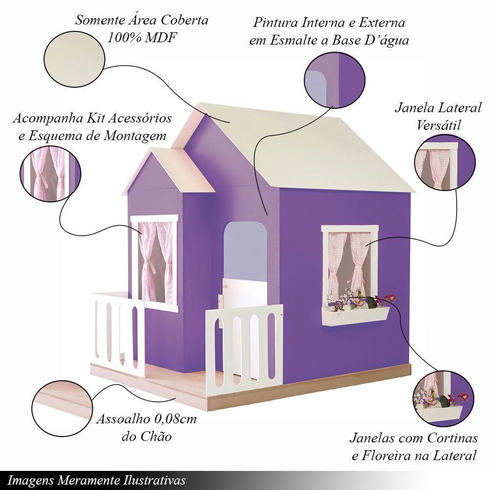 Casinha De Brinquedo Artesanal Janela Lateral Versátil Com Cortinas Mdf Roxo/branco L12 - Criança Feliz - 6