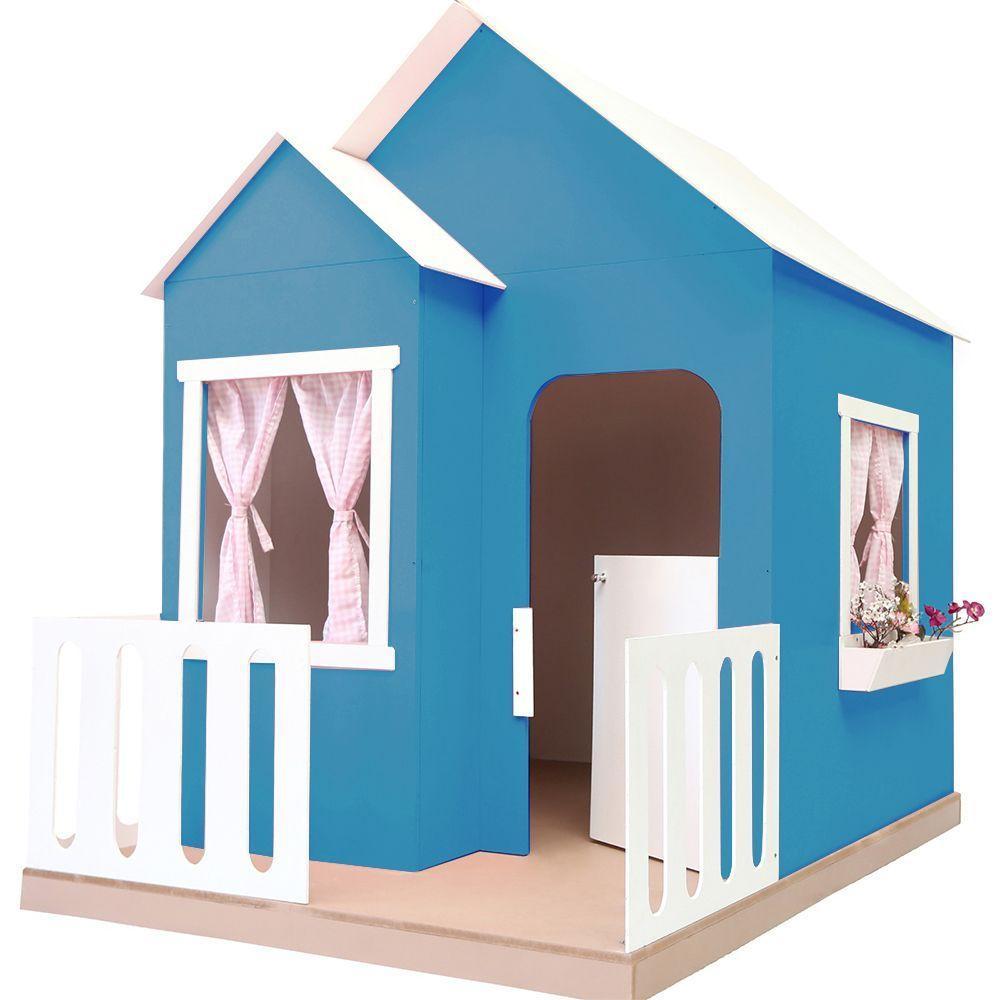Casinha De Brinquedo Artesanal Janela Lateral Versátil Com Cortinas Mdf Azul/branco L12 - Criança Feliz - 2
