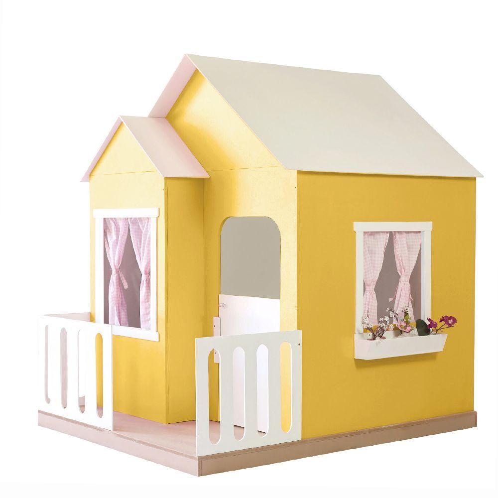 Casinha De Brinquedo Artesanal Janela Lateral Versátil Com Cortinas Mdf Amarelo/branco L12 - Criança Feliz - 1