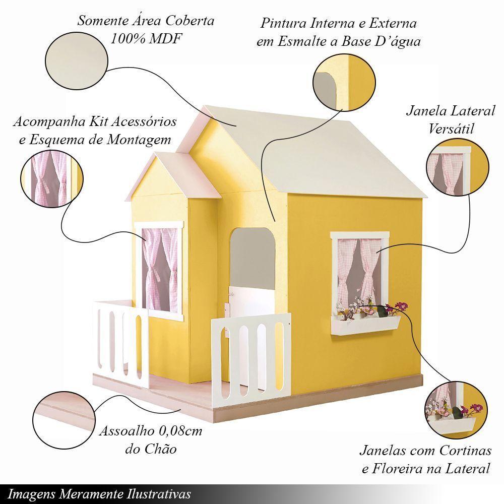 Casinha De Brinquedo Artesanal Janela Lateral Versátil Com Cortinas Mdf Amarelo/branco L12 - Criança Feliz - 2