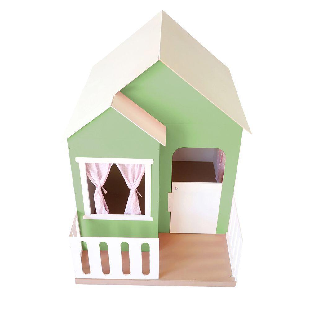 Casinha De Brinquedo Artesanal Janela Lateral Versátil Com Cortinas Mdf Verde/branco L12 - Criança Feliz - 5