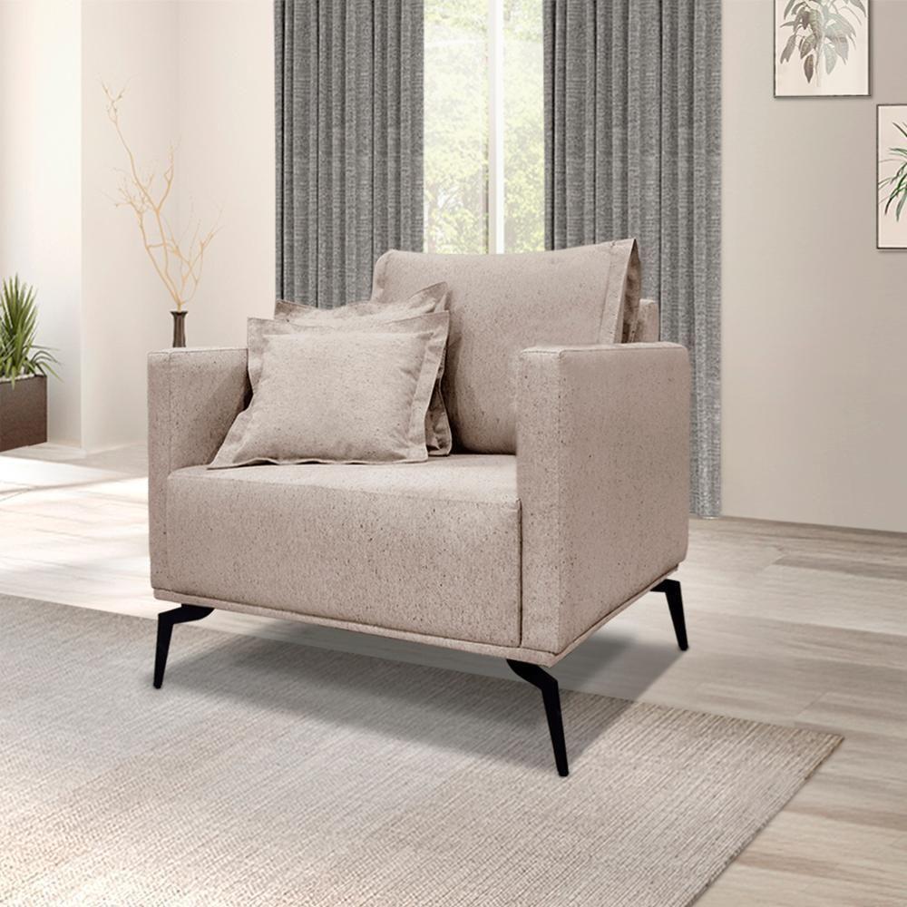 Kit 2 Poltronas Sala De Estar Liv Pes Aço Linho Areia Ezz Areia - 6