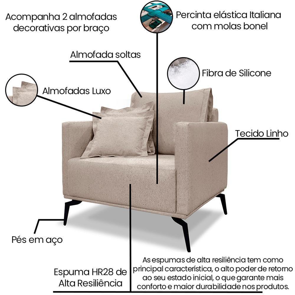 Kit 2 Poltronas Sala De Estar Liv Pes Aço Linho Areia Ezz Areia - 8