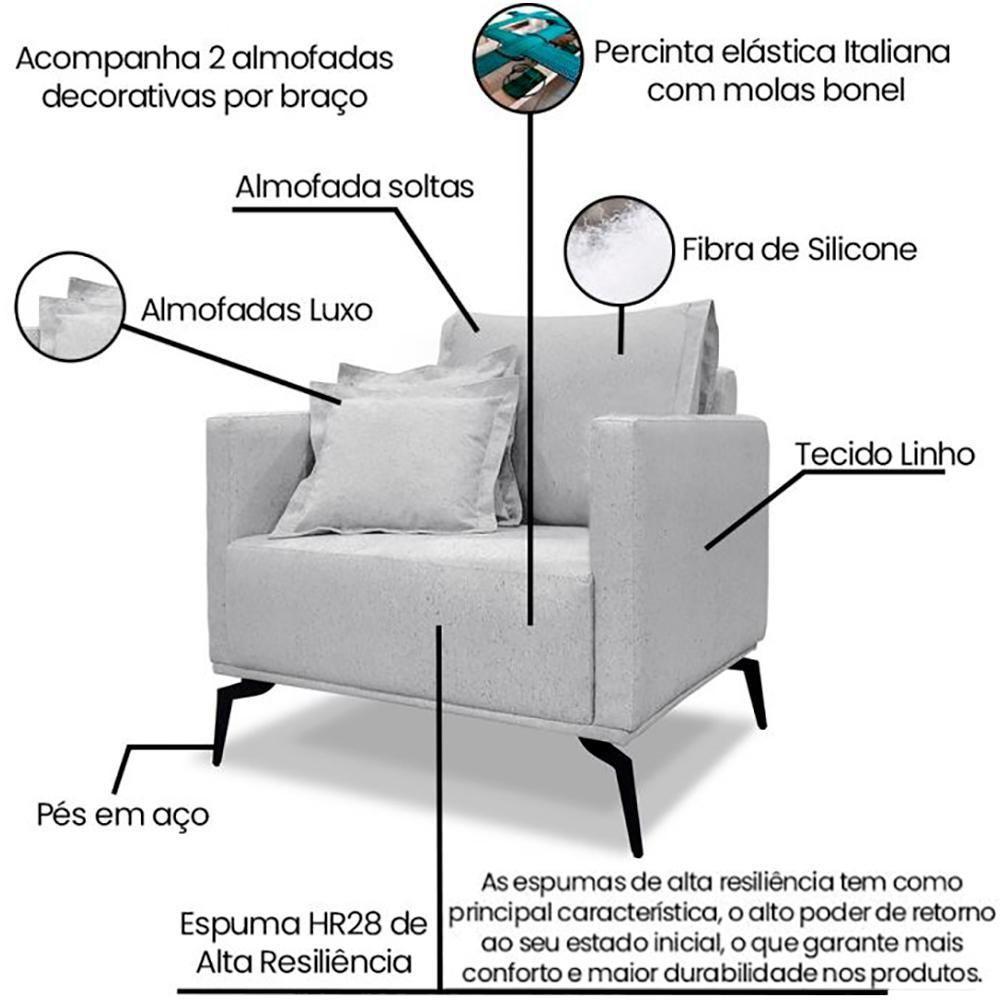 Kit 2 Poltronas Sala De Estar Liv Pes Aço Linho Grigio Ezz Grigio - 8