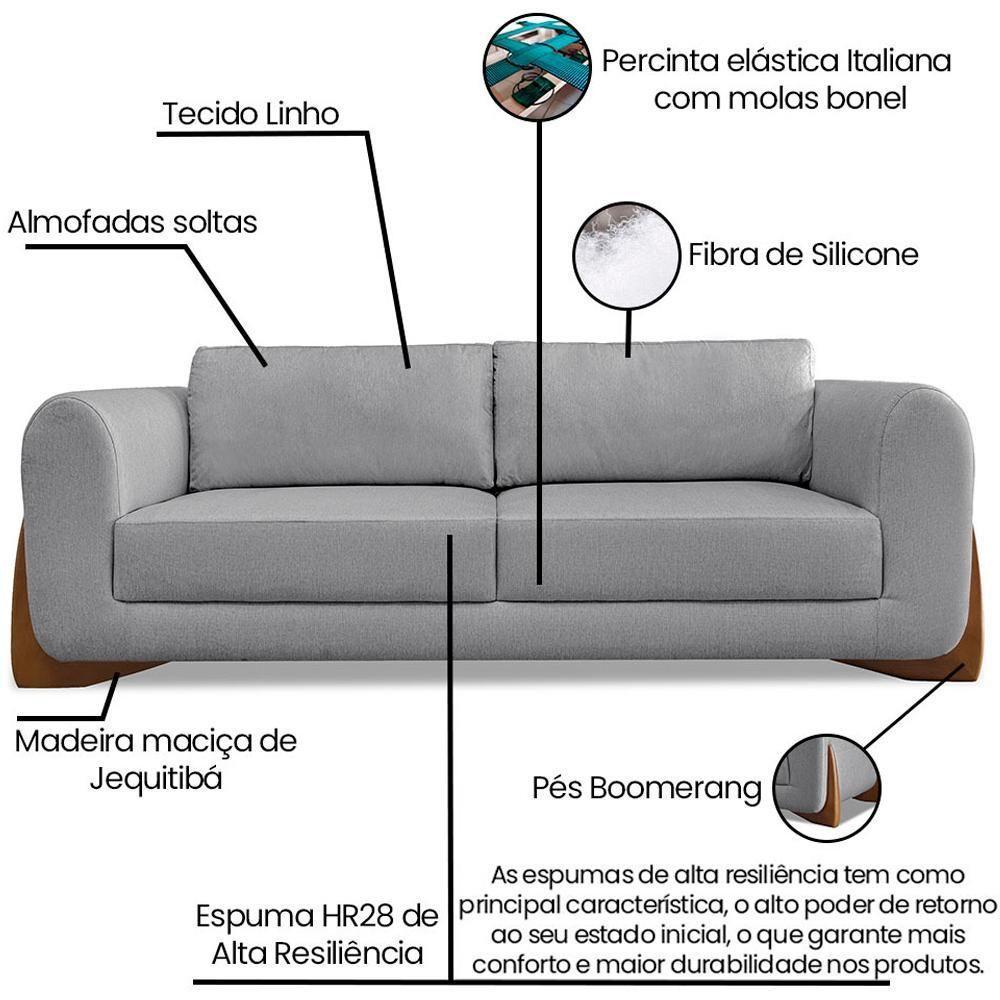 Sofa Jolie 3 Lugares 200cm Pes Boomerang Linho 213 Cinza Ezz Cinza - 8