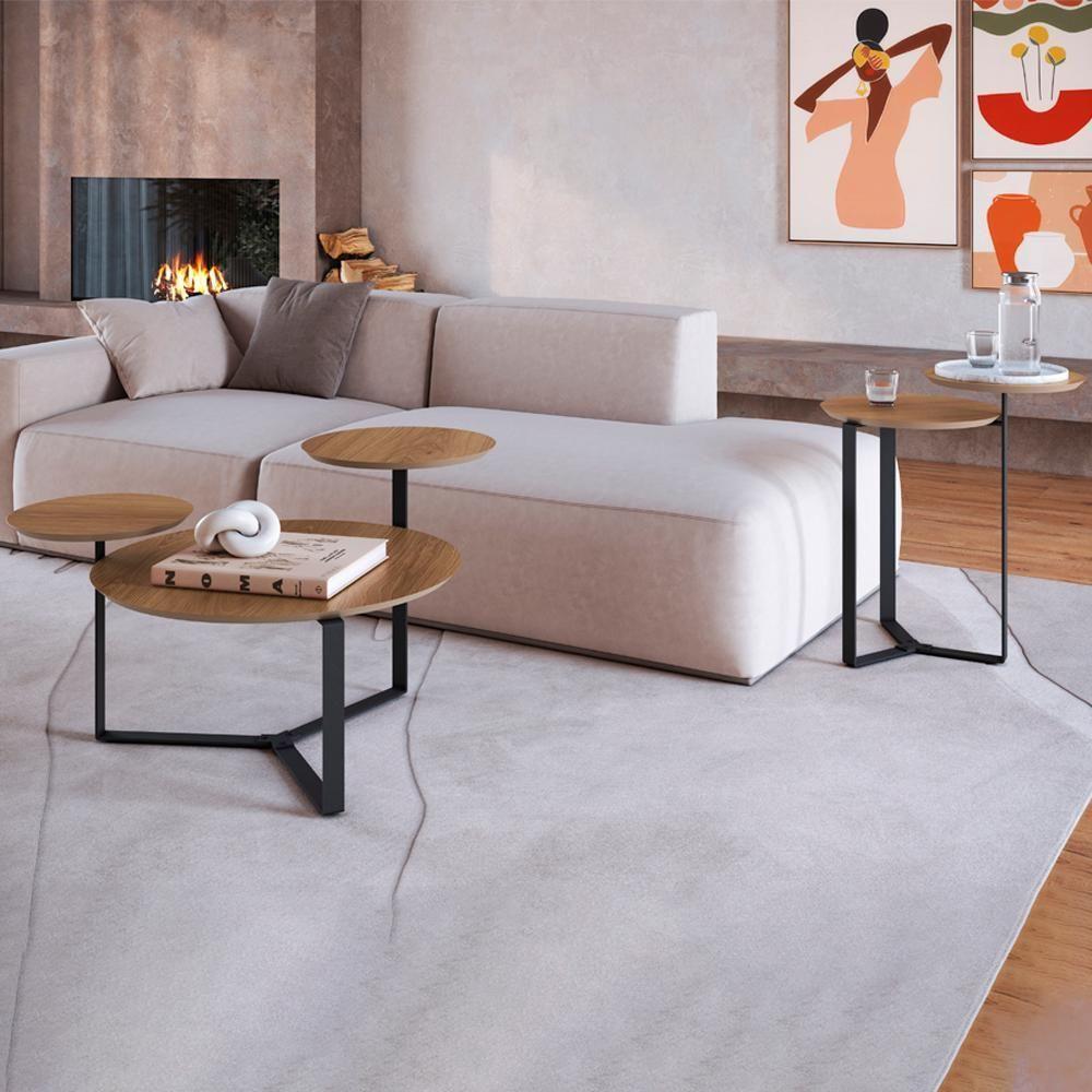 Kit Mesa Centro E Lateral Chanfrada Pes Metal Preto Hanover Artesano Hanover Preto - 1