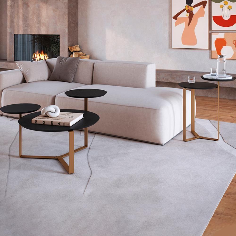 Kit Mesa Centro E Lateral Chanfrada Pes Metal Dourado Nero Artesano Nero Dourado - 1