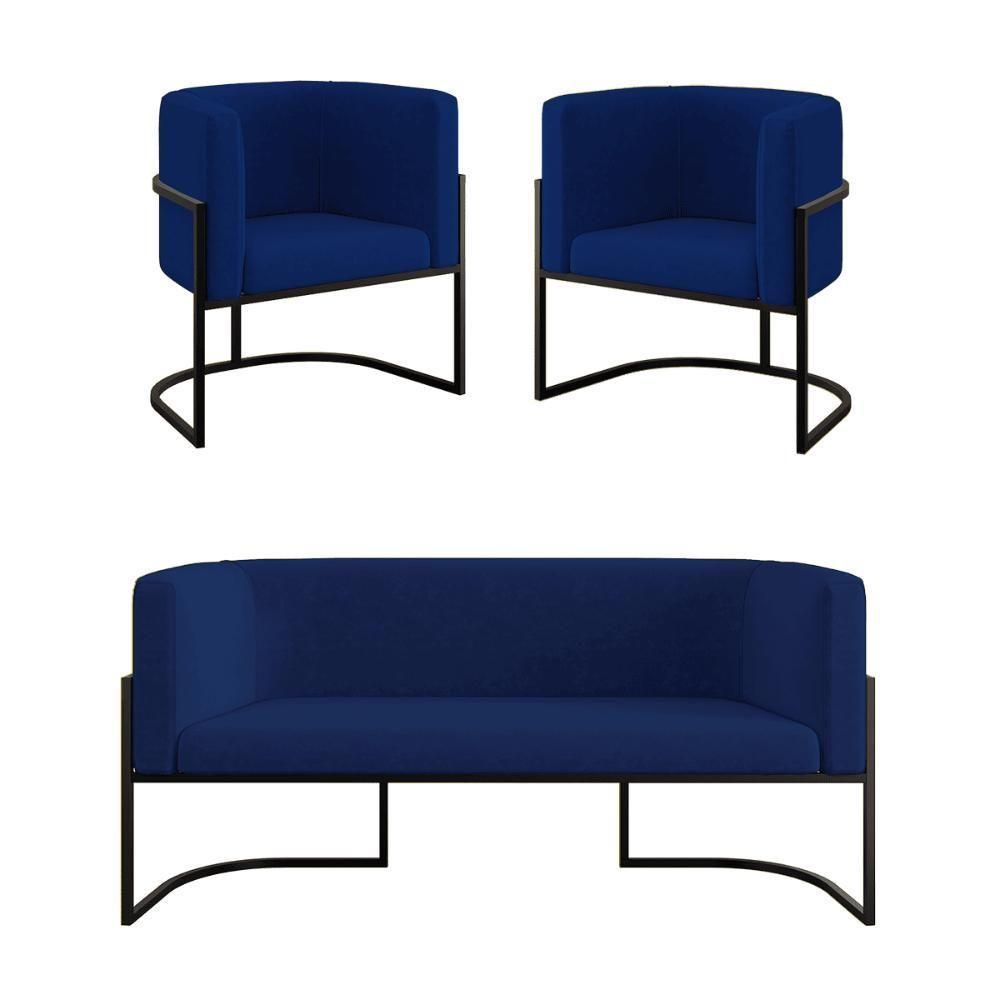 Kit 2 Poltronas Sofá 2 Lugares Para Recepção Balaqui azul Marinho - 1