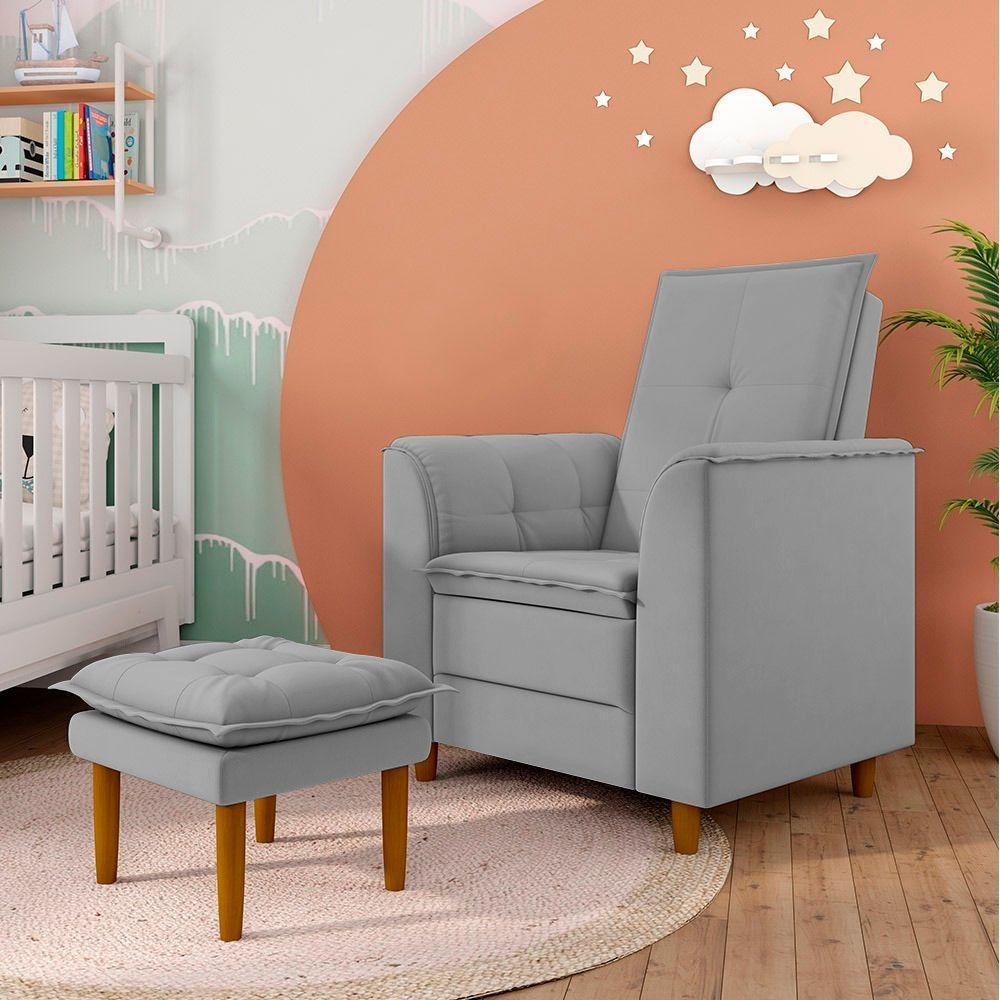 Poltrona De Amamentação Quarto De Bebê Gracy Com Puff Pés Palito Veludo Cinza G85 - Gran Belo - 7