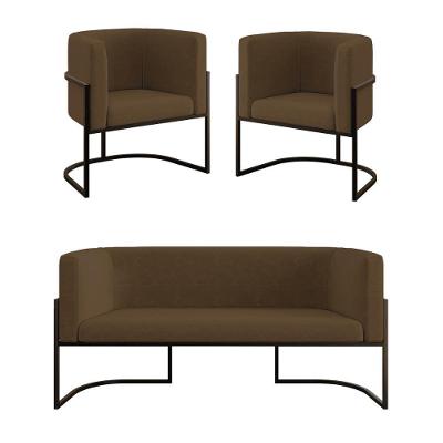 Kit 2 Poltronas + Sofá 2 Lugares Base De Metal Black Balaqui Marrom