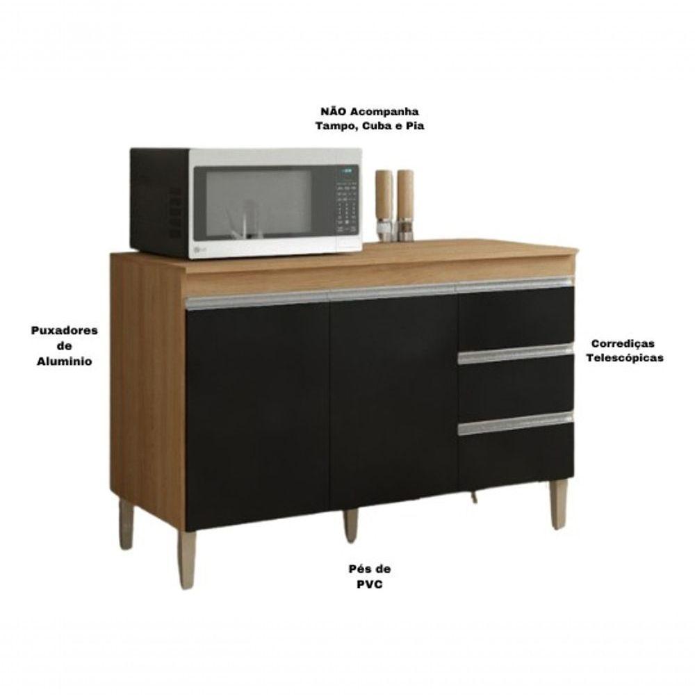 Balcão Gabinete para Pia Andreia 120cm 2 Portas 3 Gavetas - Ajl Móveis Amendoa com Preto - 2