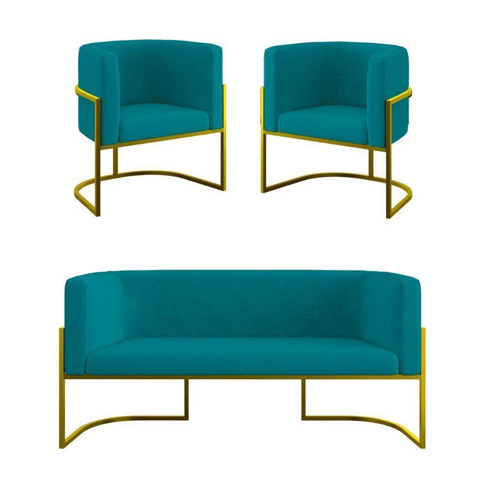 Kit 2 Poltronas + Sofá 2 Lugares Base De Metal Gold Balaqui Azul Turquesa - 1