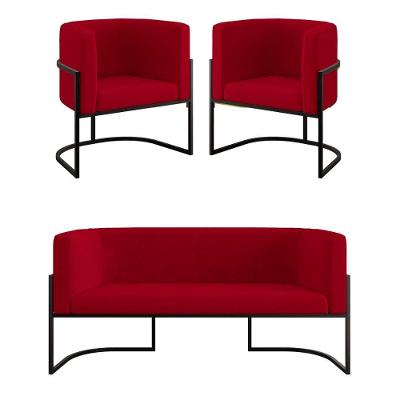 Kit 2 Poltronas e Sofá 2 Lugares Base de Metal Vermelho Suede Balaqui Decor
