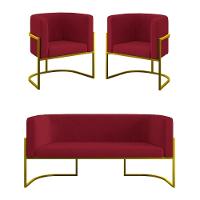 Kit 2 Poltronas + Sofá 2 Lugares Base De Metal Gold Balaqui Marsala - 1