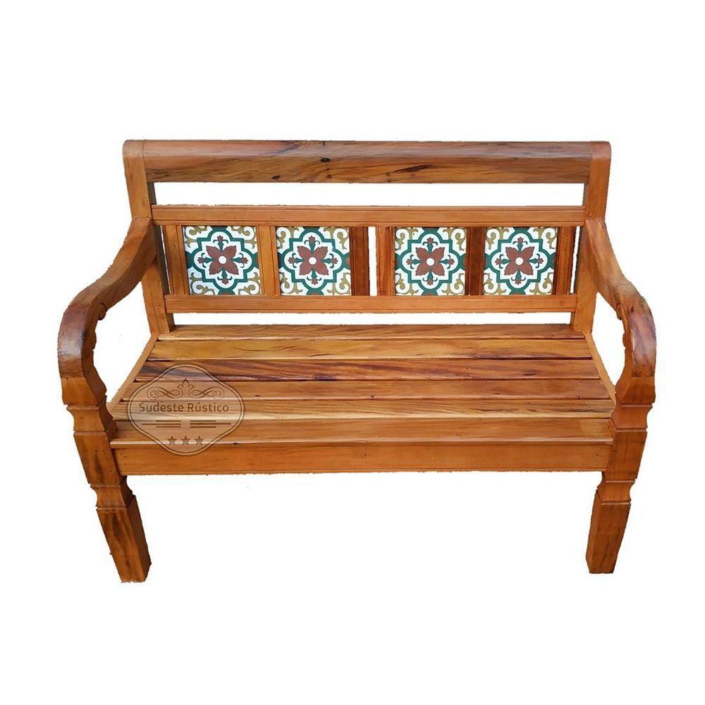 Banco Namoradeira Em Madeira De Demolição Com Detalhes Em Ladrilhos Verde Sudeste Rústico - 1
