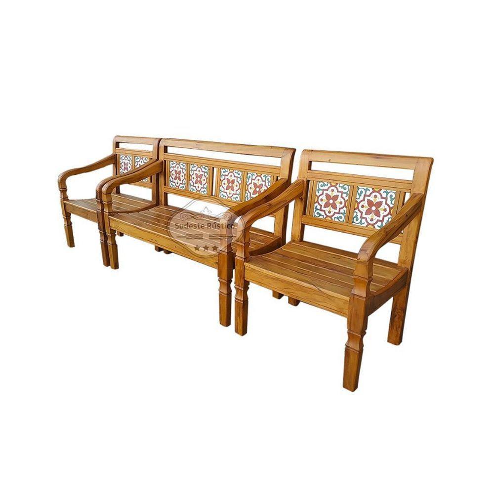 Conjunto Com 1 Banco E 2 Poltronas Em Madeira De Demolição 4 Lugares Sudeste Rústico - 8