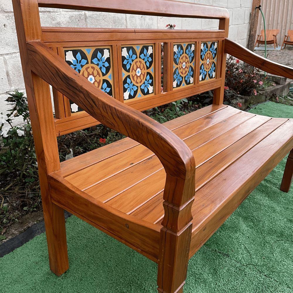 Banco Namoradeira 2 Lugares Ladrilho Azul Madeira Peroba Rosa Sudeste Rústico - 3