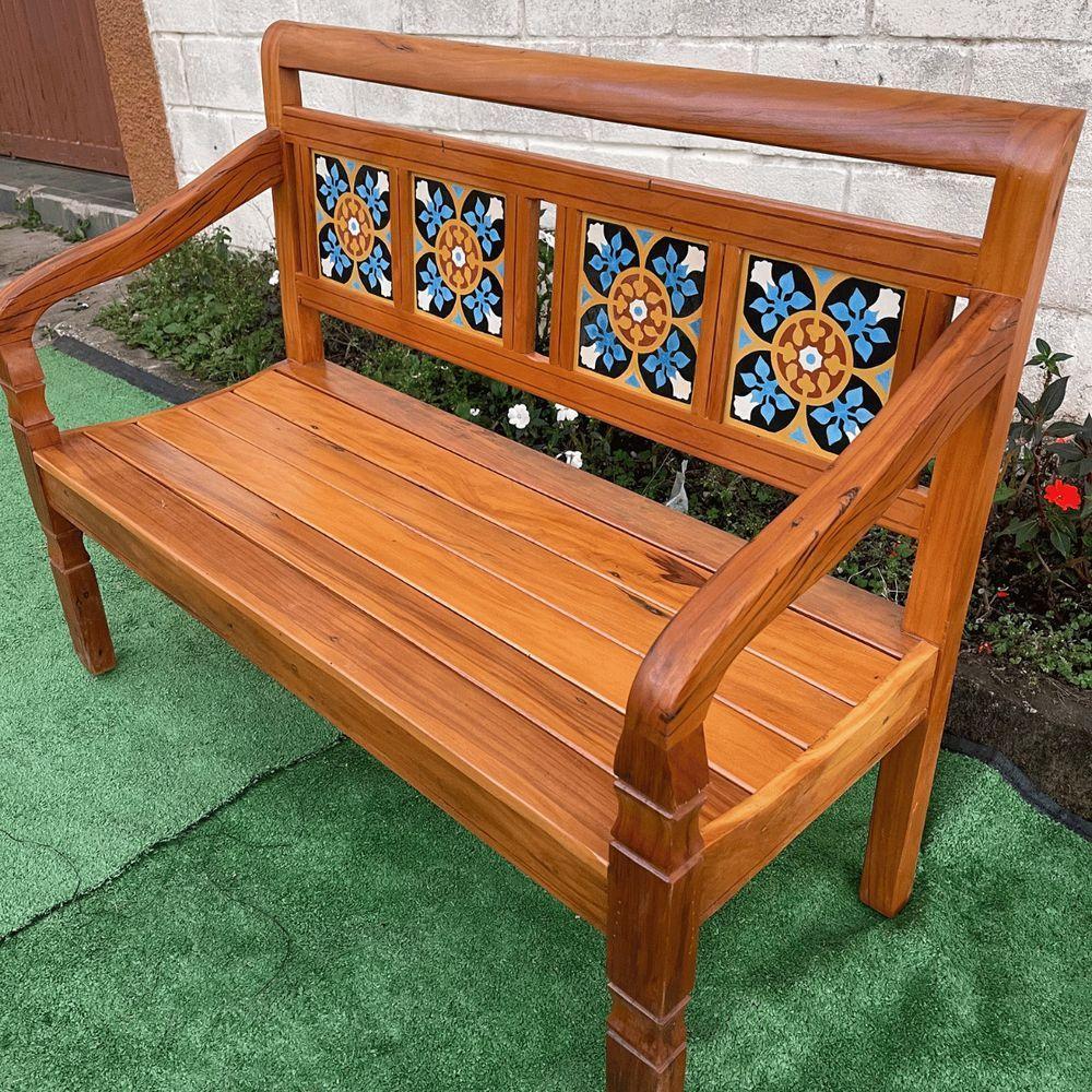 Banco Namoradeira 2 Lugares Ladrilho Azul Madeira Peroba Rosa Sudeste Rústico - 4