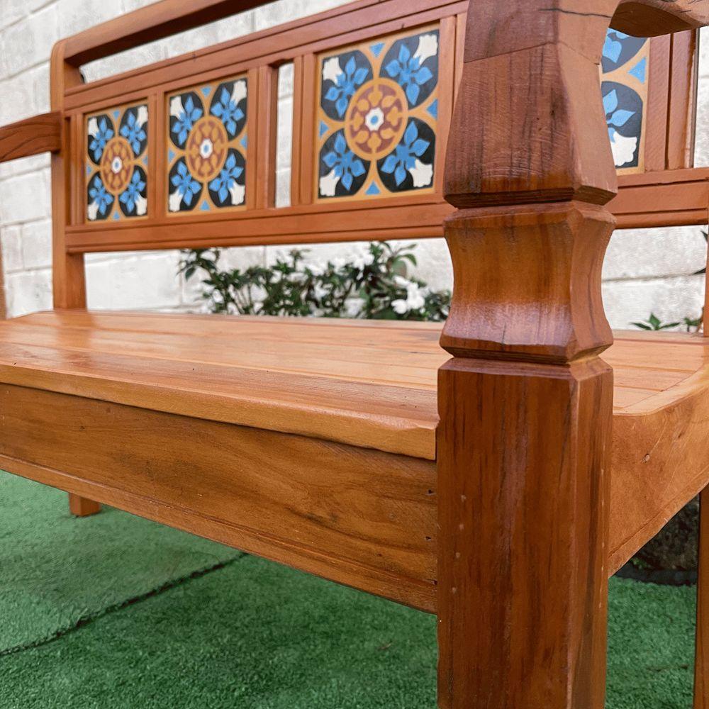 Banco Namoradeira 2 Lugares Ladrilho Azul Madeira Peroba Rosa Sudeste Rústico - 5