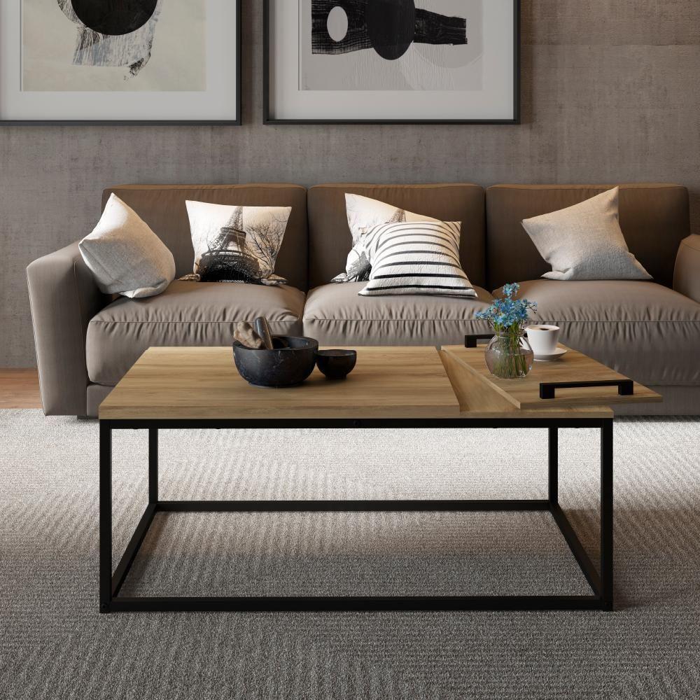 Mesa De Centro Com Bandeja Madeirada E Tubos Pretos Carraro 1346 - 1