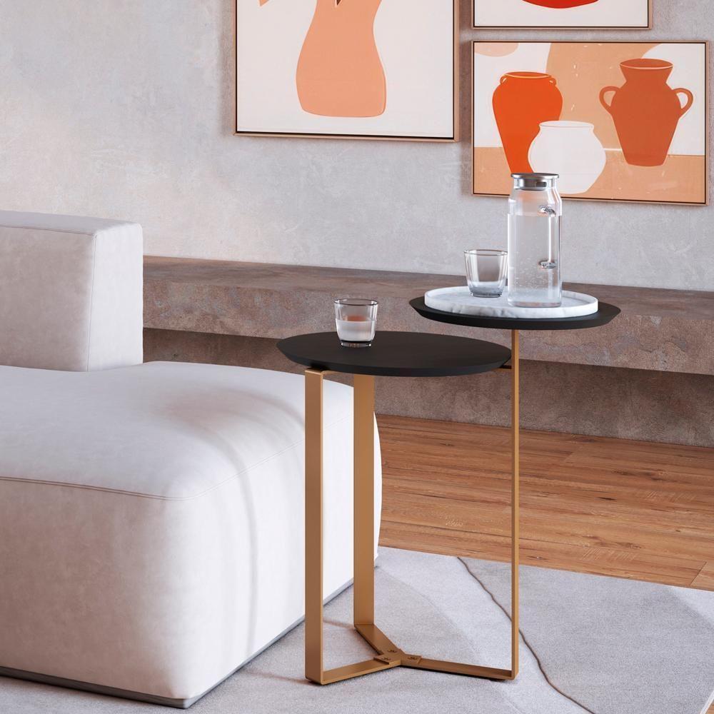 Mesa Lateral 02 Tampos Chanfrada Pe Metal Dourado Nero Artesano Nero Dourado - 2