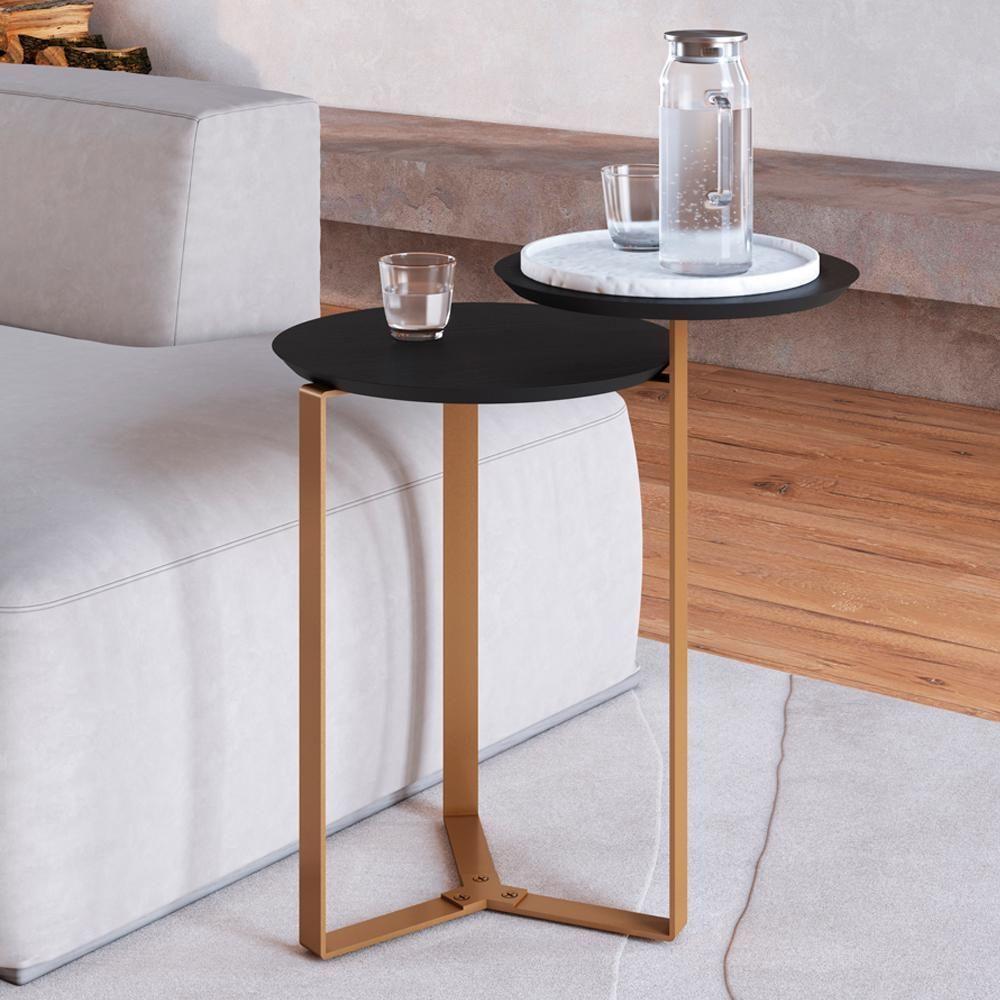 Mesa Lateral 02 Tampos Chanfrada Pe Metal Dourado Nero Artesano Nero Dourado - 6